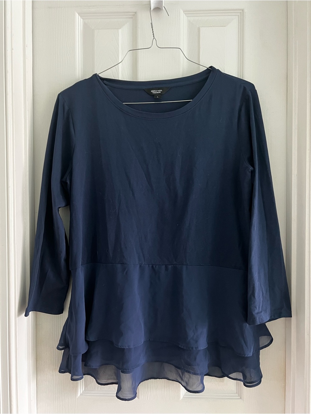 Navy Layered Chiffon Hem Long Sleeve Top by Simply Vera Wang